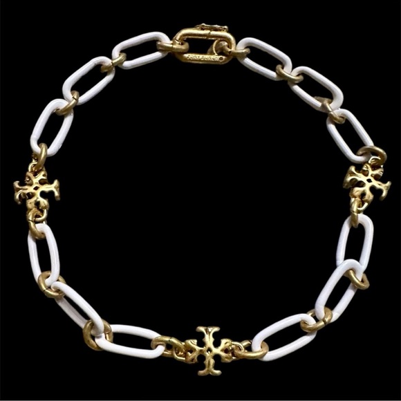 Tory Burch "Roxanne Chain Short" Necklace in Rolled Tory Gold / New Ivory|NEW - Picture 5 of 6